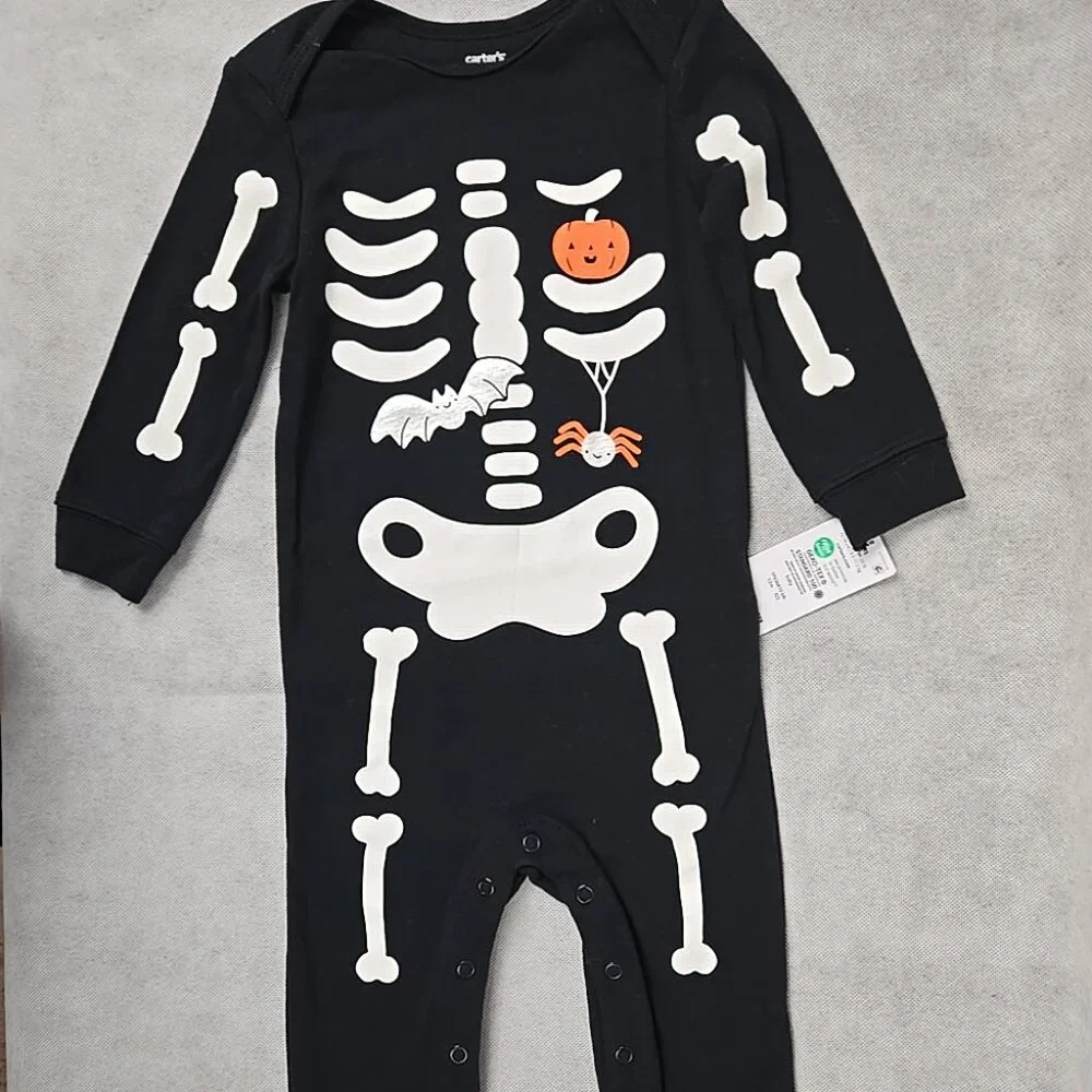Carters Baby 24 mo Halloween Black Long Sleeve 1 piece Skelton Bones Pumpkin NWT
